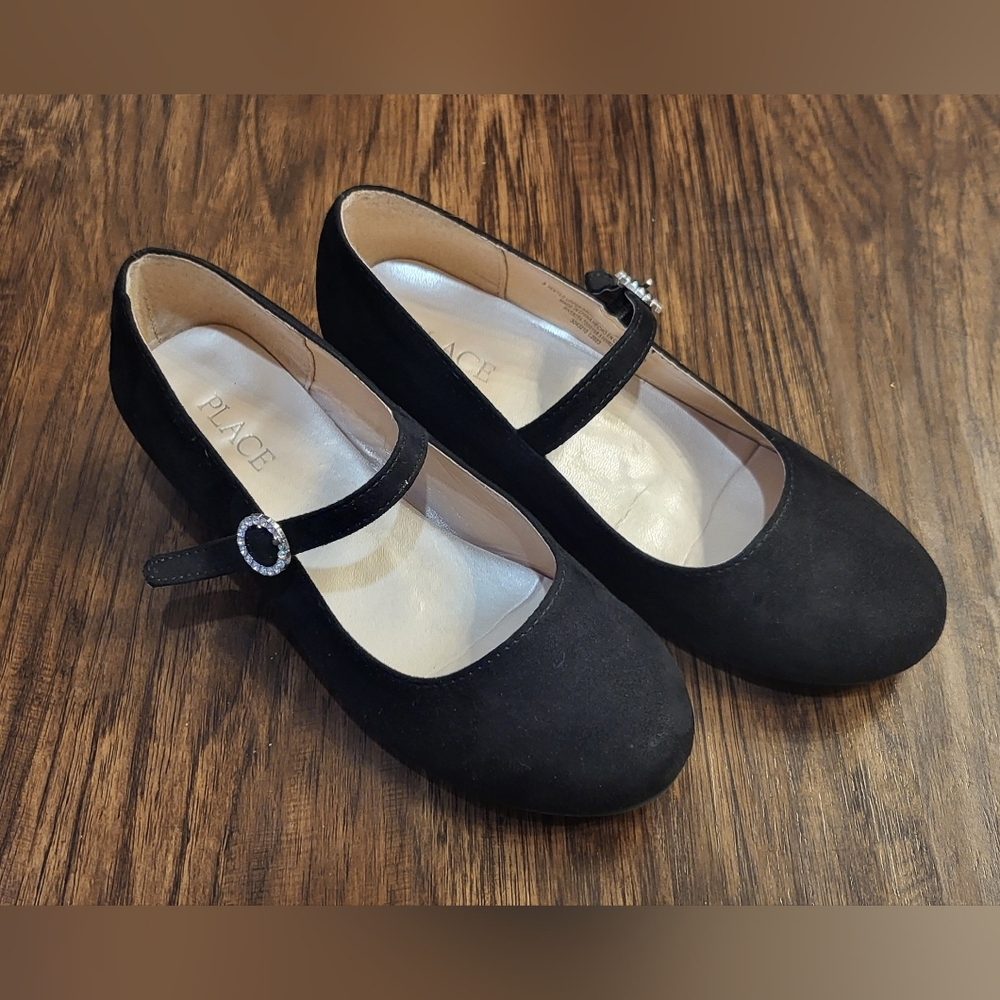 PLACE Girl's Black Velvet Feel Mary Jane Shoes With Glitter Heels Size 3